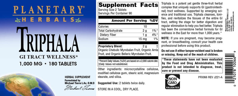 Planetary Herbals Triphala Internal Cleanser 1000mg for GI Tract Wellness - 180 Tablets - BeesActive Australia