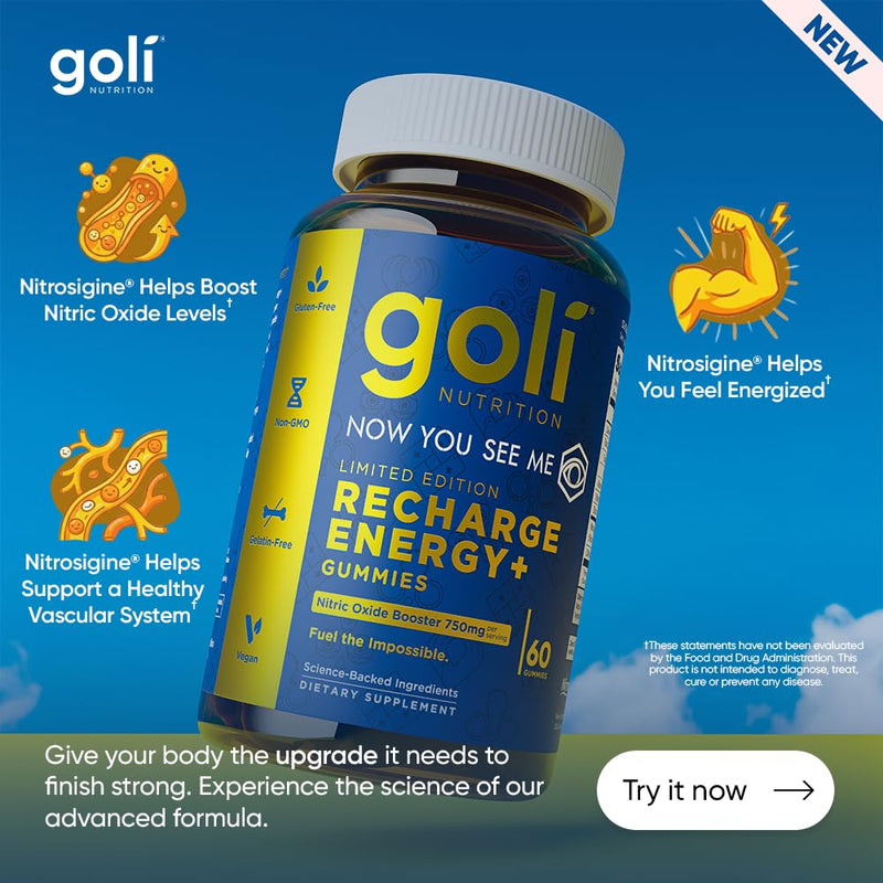Goli Recharge Energy+ Gummies, Nitrosigine® Bonded Arginine Silicate, Vitamin C & Vitamin B6, 60 Gummies, Vegan, Non-GMO, Gluten-Free, Gelatin-Free