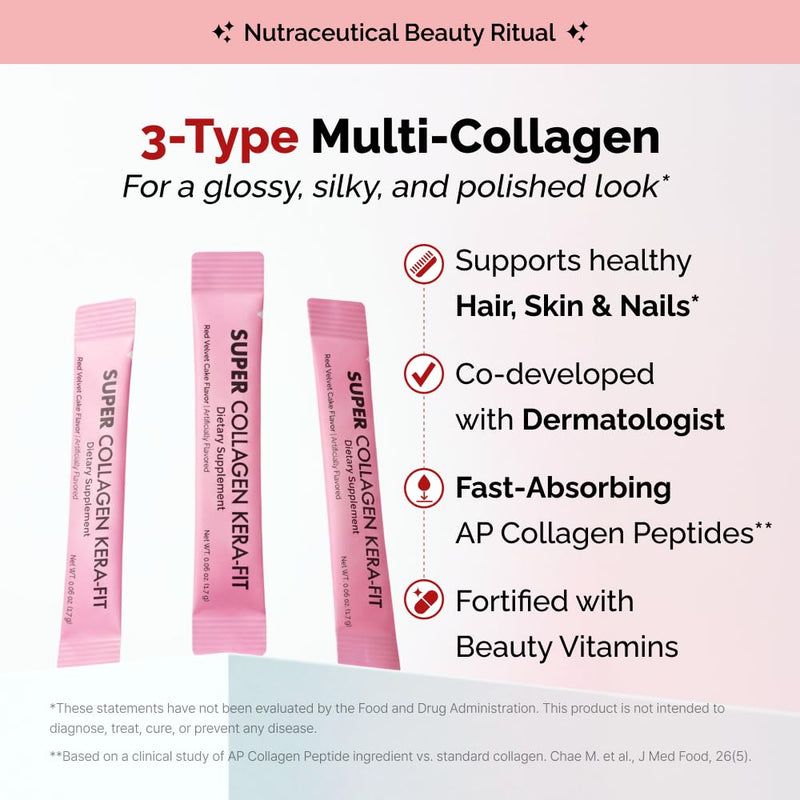 VITALBEAUTIE Super Collagen Kera‑Fit – K‑Beauty Hair, Skin & Nail Powder Stick Packs – Developed with K‑Dermatologist, Red Velvet Cake Flavor – 30 Packets