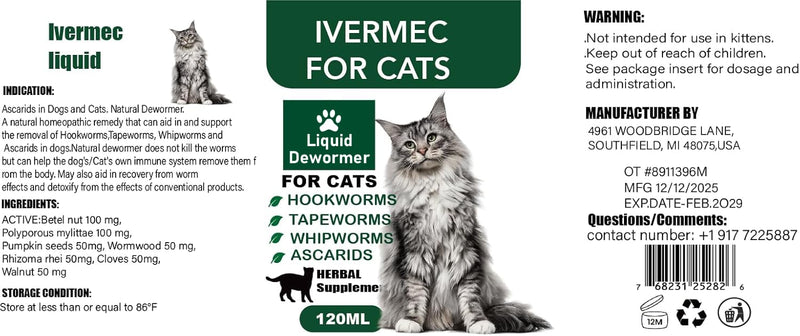 Cat Dewormer Liquid,Dewormer for Cats Broad Spectrum for Tapeworms, Roundworms & Hookworms, Promotes Digestive Comfort & Daily Balance