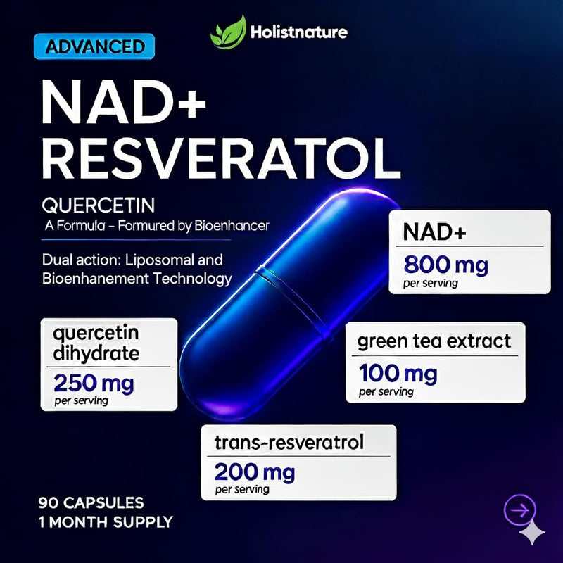NAD+ Supplement, 1,360mg Max Strength Liposomal | Resveratrol, Quercetin, Green Tea | Cellular Energy & Healthy Aging for Men & Women | 800mg of 100% High Purity NAD+ for Energy, Focus - 90 Capsules