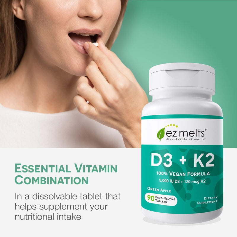 EZ Melts Dissolvable Vitamin D3 K2 5,000 IU, Bone & Joint Support, Sugar-Free, 3-Month Supply - 1 Pack 90 Count (Pack of 1)