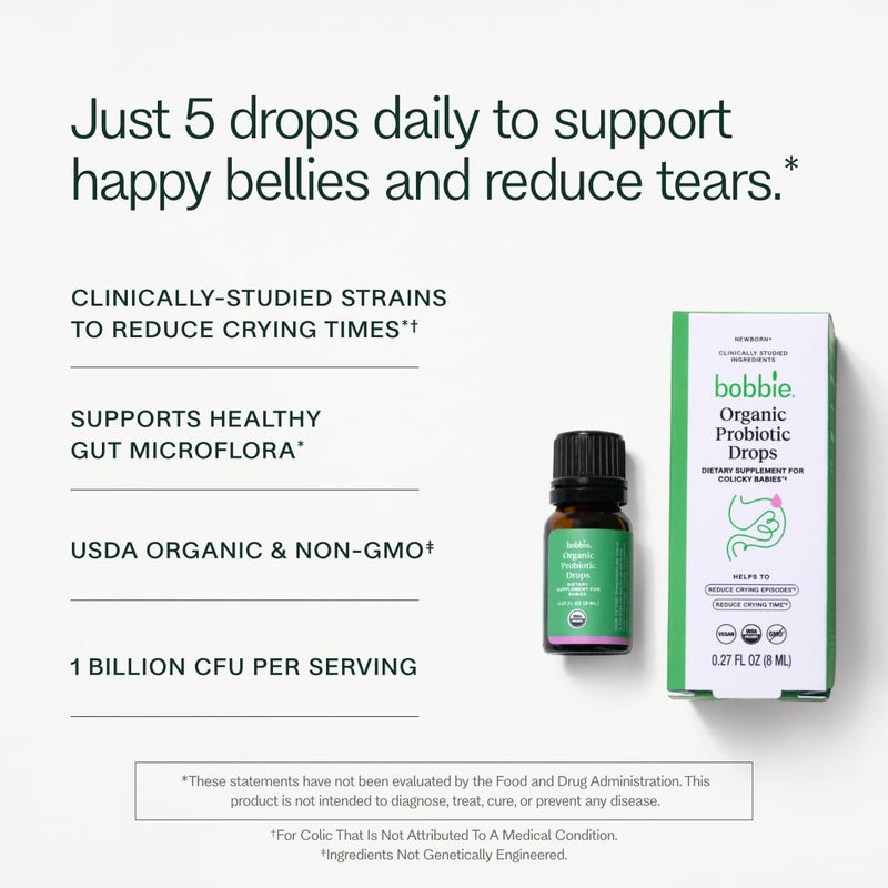 Bobbie Organic Baby Probiotic Drops, Daily Liquid Supplement, Fuss, Tears, Gut Health for Newborn Babies and Infants, Vegan, Infant-Friendly Formula, 1 Billion CFU, 0.27 fl oz - BeesActive Australia