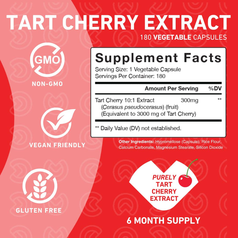Tart Cherry Capsules, Uric Acid Flush Extract for Joints, 180ct | 6 Month Supply of Concentrated Tart Cherry Extract for Uric Acid Crystal Flush for Joint Recovery Support & Cleanse, Non-GMO 180 Count (Pack of 1)