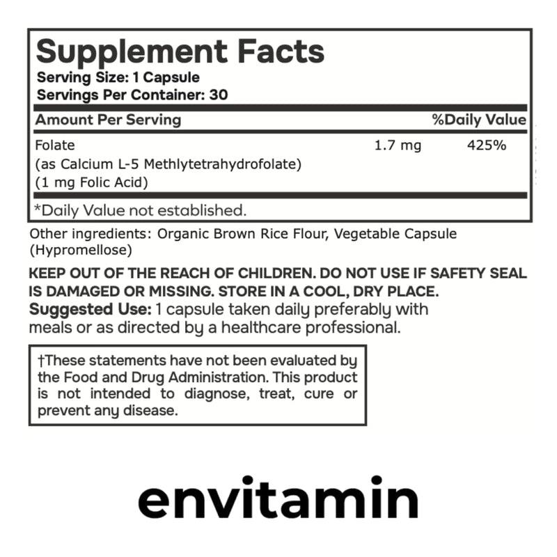 envitamin 5-MTHF - Methylfolate (Active B9 Folate) Supplement - 30 Capsules - 5-MTHF 1mg
