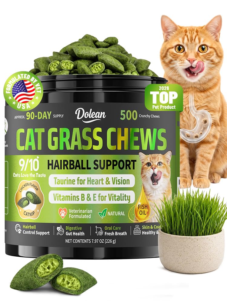 Cat Grass Treats, Hairball Treatment for Cats, Cat Grass for Indoor Cats, Fish Oil for Skin & Coat, Digestion, Taurine for Heart Vision, 500 Crunchy & Creamy Chews with Essential Vitamins of All Ages