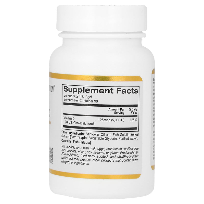 California Gold Nutrition Vitamin D3 Supplement Support for Healthy Bones & Teeth - Immune System Support - Gluten Free, Non-GMO - 125 mcg (5,000 IU) - 90 Fish Gelatin Softgels