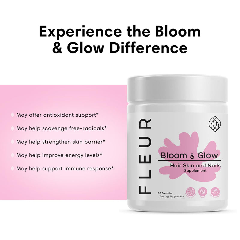 FLEUR Bloom & Glow Hair Skin and Nails Gummies, Hair Growth Supplement with Biotin & Inositol, Antioxidant Rich Vitamin A, C & E for Skin and Nail Repair, Sugar-Free, 60 Vegan Gummies