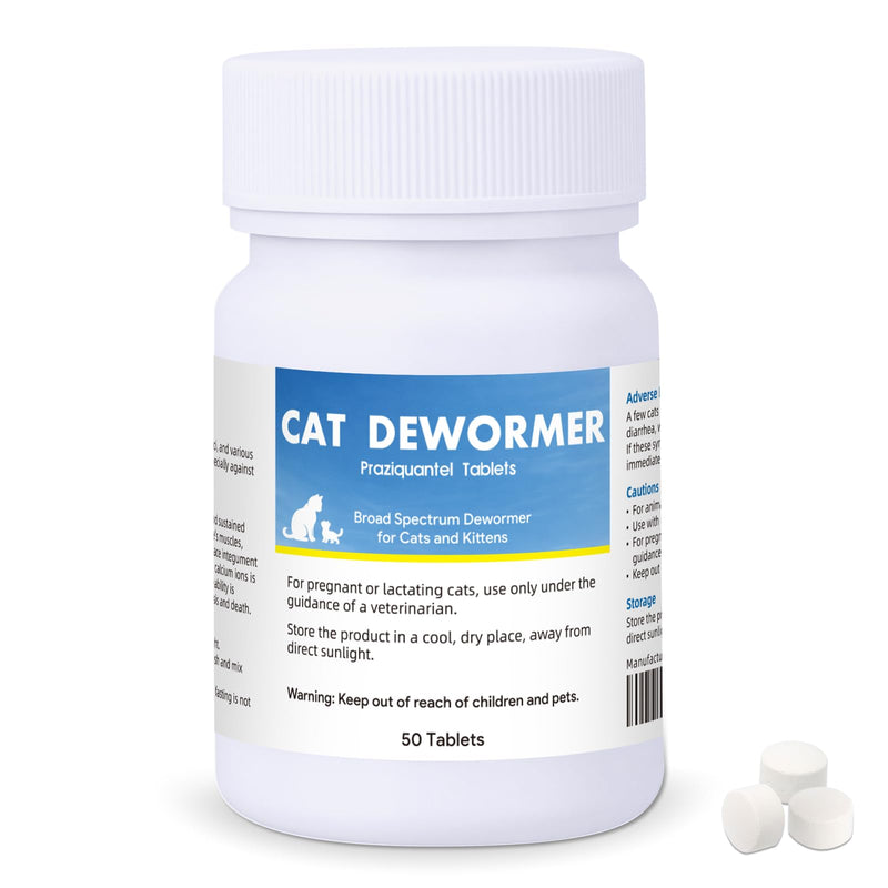 Dewormer for Cats and Kittens, Praz-qantl Tablets Broad Spectrum Dewormer for Tapeworms, Hookworms & Roundworms, for Cats and Kittens 6 Weeks and Older, Easy to Administer, 50 Tablets