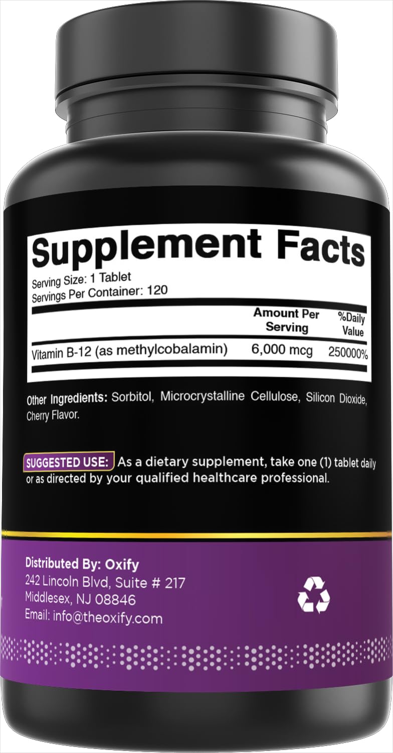 Oxify Vitamin B-12 (Methylcobalamin) 6000 mcg, 120 Tablets | Gluten-Free, Non-GMO, Supplement Made in USA