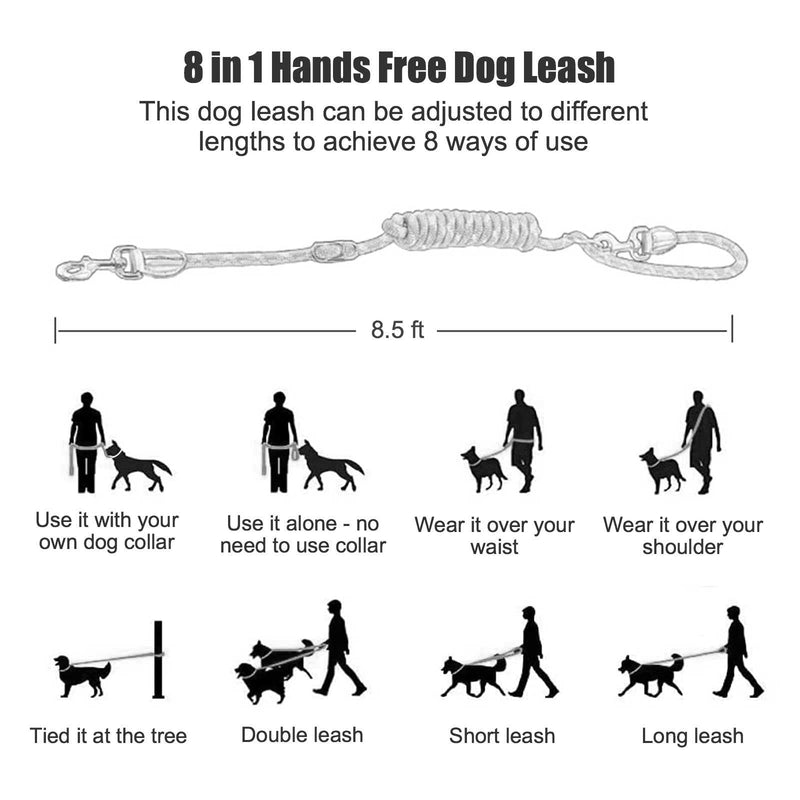 Hands Free Dog Leash(8.5ft), 8 in 1 Multifunction Nylon Double Leash for Dogs,1.2cm Adjustable Waist with Reflective Stitching for Training -Grey Grey - BeesActive Australia