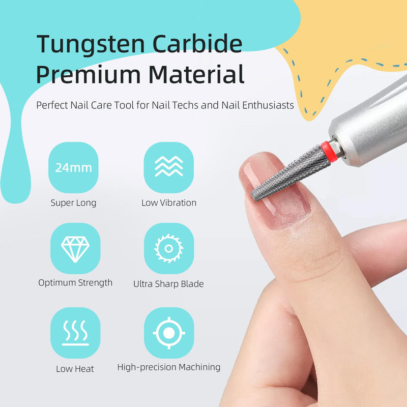 24mm Super Long 5 in 1 Nail Drill Bits, Cross Tapered Carbide Bit, 3/32" Two-way Rotate Drill Bits for Nails, Remove Acrylic Nails/Gel, Electric File Tool Drills Manicure Accessories (F) Long 24mm 24mm 5in1 - F - BeesActive Australia