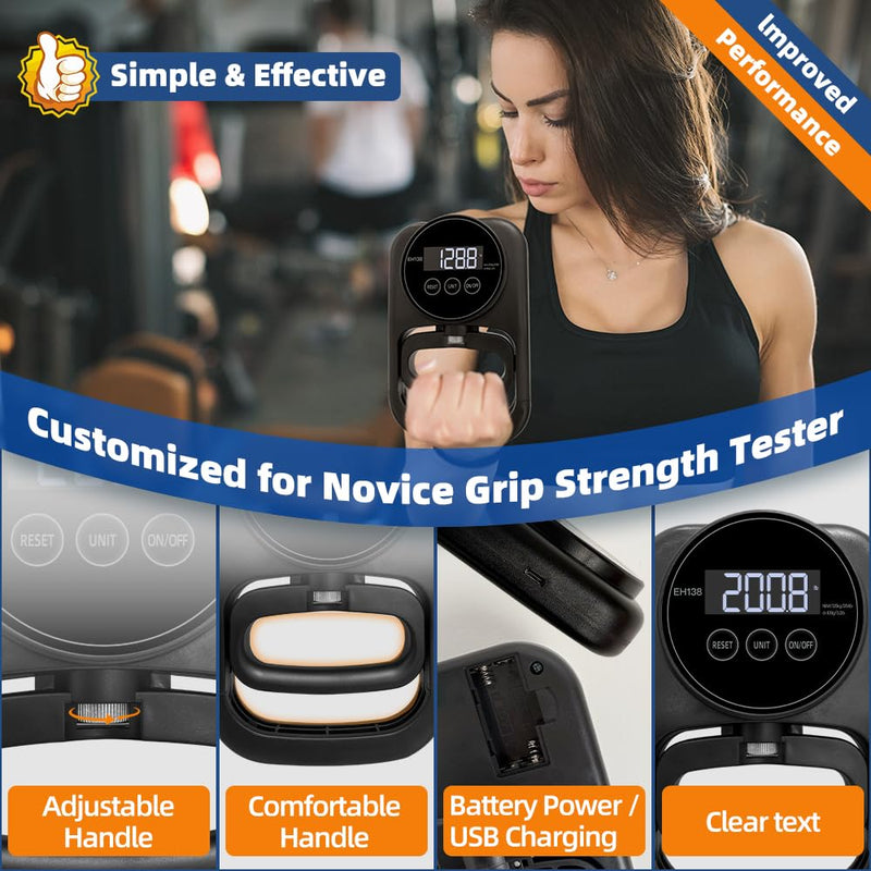 Grip Strength Tester Hand Gripper - Grip Strength Trainer Hand Dynamometer Handheld Meter LED Display Comfortable 265 Lbs / 120 Kgs Finger Strengthener for Sports Home School Gym Use Black