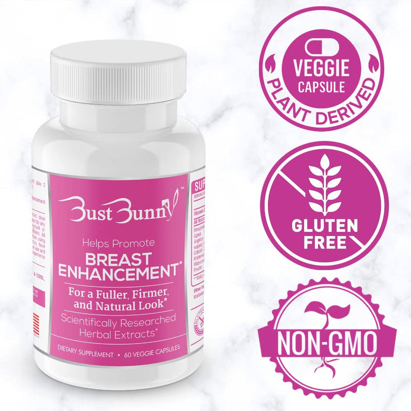 Bust Bunny Breast Enhancement & Enlargement Pills, Vegan, 3 Month Supply | Vegan herbal breast growth support for women & transgender; Fenugreek, Red Clover, Vitamin C; non-GMO with no fillers