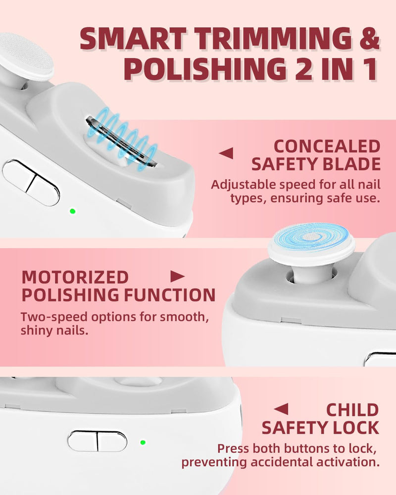 2026 Upgraded Electric Nail Clipper, 3 in 1 Automatic Nail Trimmer and Polisher with LED Light & Clip Storage,USB Rechargeable - 2 Speeds Electric Nail File for Baby, Adults, Seniors W