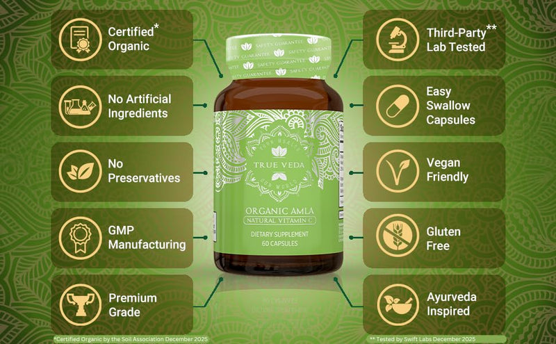 USDA Organic Amla Vitamin C Capsules, Amalaki Indian Gooseberry, 60 Vegan | USDA Certified Organic Supplements| Amla Vitamin C | Indian Gooseberry | Amalaki | Ayurveda | True Veda | Vegan 60 Count (Pack of 1)