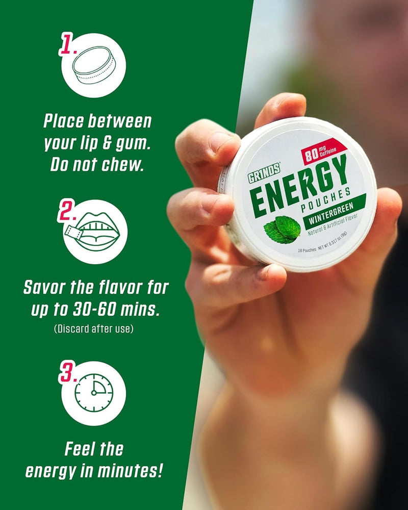 GRINDS Energy Pouches | Wintergreen Flavor | 3 Cans | 80mg Natural Caffeine Per Pouch | Sugar-Free & Zero Calories | With B-Vitamins | 18 Pouches Per Can Wintergreen 3