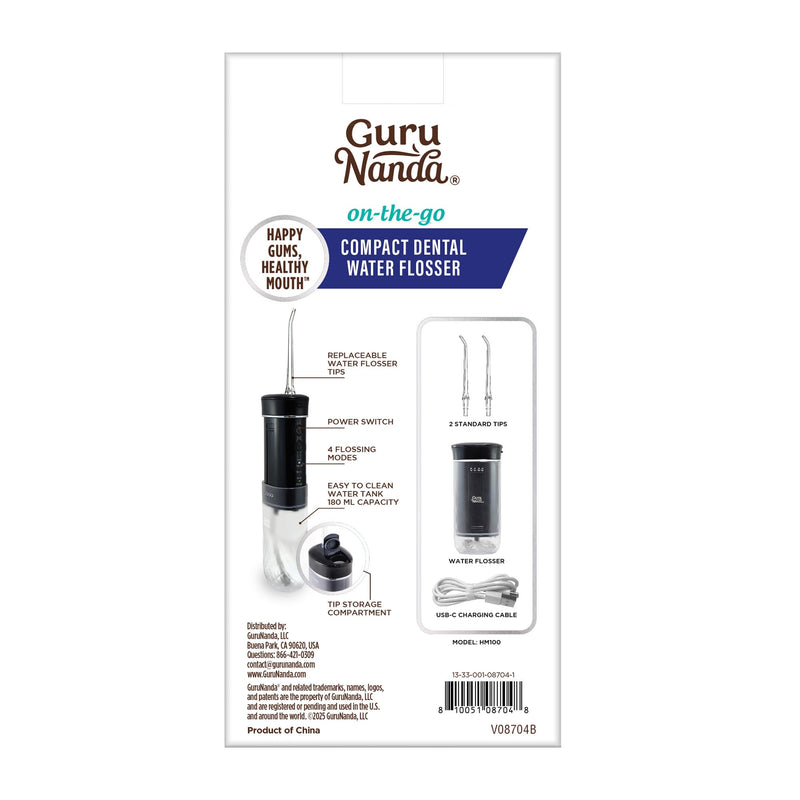 GuruNanda Compact Water Dental Flosser, Portable Travel Size Oral Irrigator Flosser with Collapsible 180 ml Tank, Smart Timer, 4 Flossing Modes, TSA-Friendly - Black