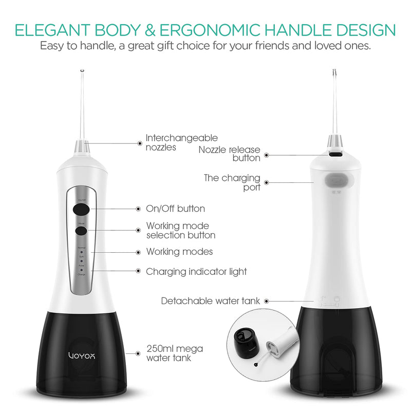 VOYOR Water Flosser Oral Irrigator Cordless Rechargeable Dental Water Jet Flosser with 3 Working Modes, IPX7 Waterproof for Teeth, Brace, Bridges Care WF200 (Gray) Gray