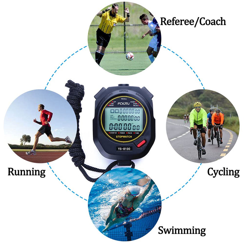 FCXJTU Digital Sports Stopwatch Timer 10/100 Lap Split Memory Stopwatch Calendar Alarm, Pace Mode with 3-Row Extra Large Screen Water Resistant Includes Battery, Lanyard for P.E Referee Coaches Lap100