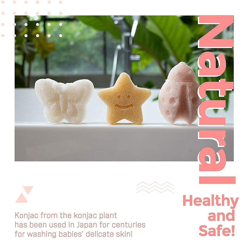 myHomeBody Konjac Baby Sponge for Bathing, Cute Shapes Natural Kids Bath Sponges for Infants, Toddler Bath Time, Natural and Safe Plant-Based Toys, 3pc. Set: Butterfly, Ladybug, Star Ladybug,butterfly,star - BeesActive Australia