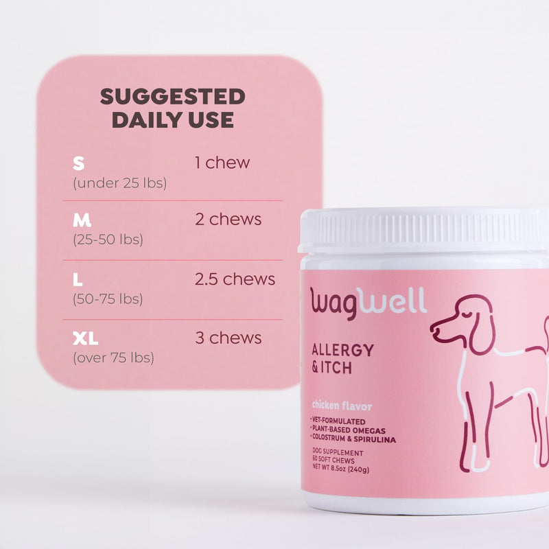 WagWell Allergy and Itch Chews – Chicken Flavored Dog Allergy Chews – Plant Based Dog Chews with Colostrum and Spirulina – Dog Skin and Coat Supplement for Itch Relief and Digestive Health, 60 Chews - PawsPlanet Australia