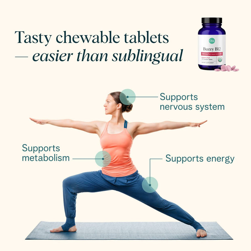 Ora Organic Vitamin B12 1500mcg - Plant-Based methylcobalamin for Adults - Natural Stimulant-Free Energy, Raspberry Flavor chewable Tablets, no Added Sugar - 30 Tablets (Pack of 2) 30 Count (Pack of 2)
