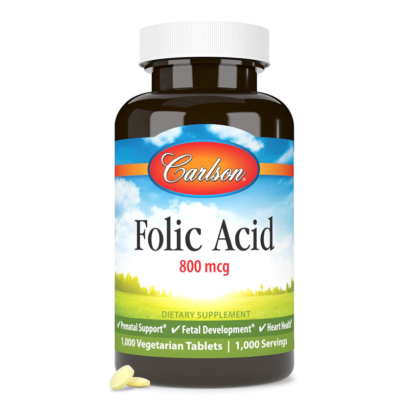 Carlson Folic Acid, 800 mcg, Prenatal Support, 1000 Tablets | Fetal Development; Important B Vitamin for Pregnant Women 1000 Count (Pack of 1)