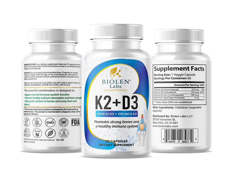 K2 + D3 Vitamin Supplement, 5000 IU D3, 100 MCG K2, Bone Health Support, Immune System Support, 60 Vegan CapsulesK2 + d