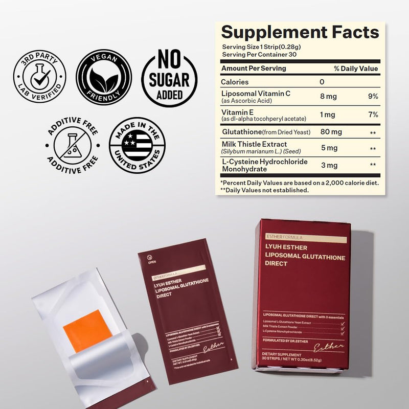 ESTHER FORMULA Liposomal Glutathione Strips (30 ct) - Glutathione Direct | Liposomal Glutathione Supplement with 90% Pure L-Glutathione for Antioxidant & Skin Glow Support, Fast-Absorbing Oral Strips 1