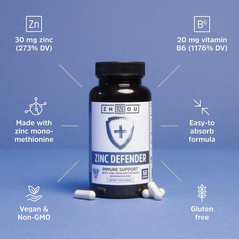 Zhou Zinc Defender - Zinc Supplements for Men & Women - 60 Capsules | 30mg Per Serving for Immune Health and Mineral Support, Vitamin B6 Support, Pure Vegan Formula, Gluten Free Unflavored 60 Count (Pack of 1)