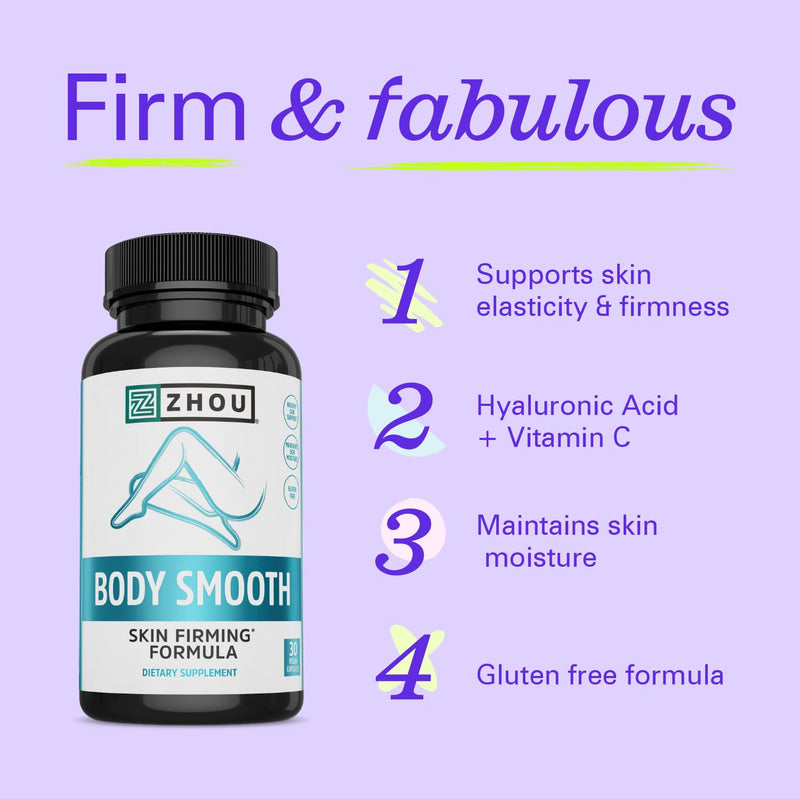 Zhou Body Smooth - Cellulite Pills for Women, Legs, Butt - 30 Capsules | Dimpless Anti Cellulite Supplement for Firm Smooth Skin with Hyaluronic Acid & Vitamin C, Skincare Thigh, Supports Hydration