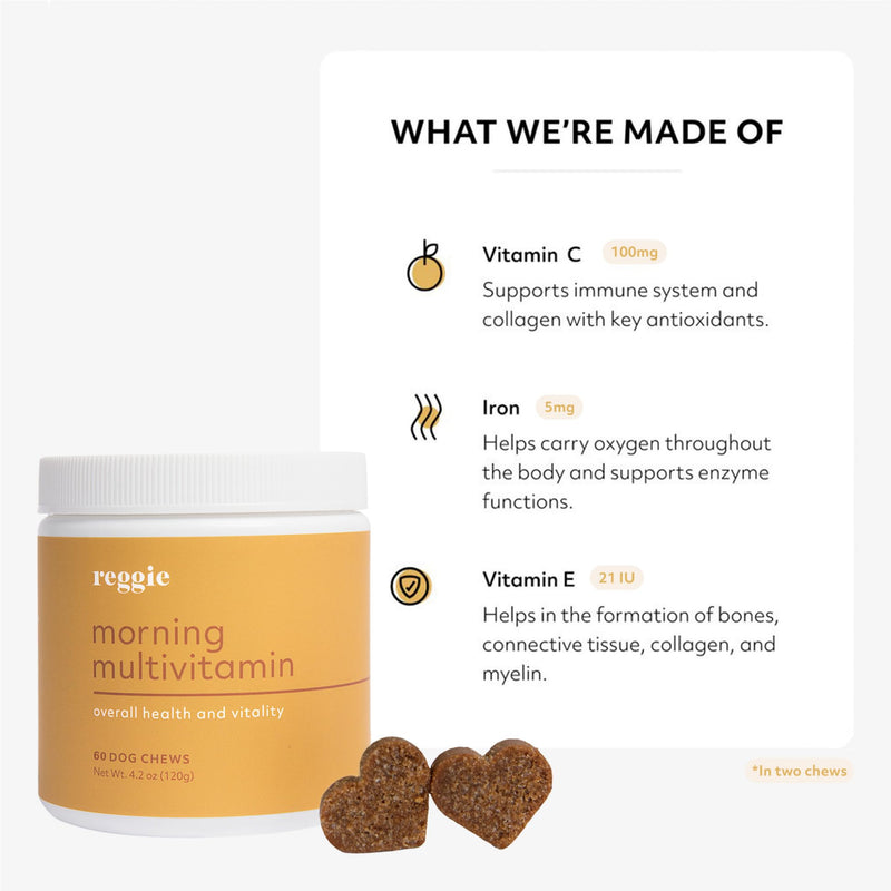 Reggie Morning Multivitamins for Dogs | Advanced Daily Immunity Booster for Heart, Joint, Skin, and Gut Health | Made in The USA, Vet-Approved, & Ideal for All Ages, Breeds, and Sizes - 60 Soft Chews - PawsPlanet Australia