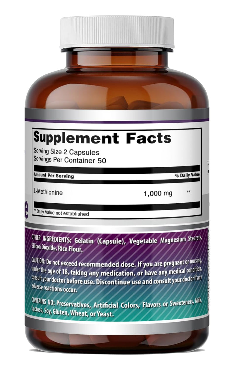 Amazing Formulas L-Methionine Supplement | 1000 Mg per Serving | 100 Capsules | Non-GMO | Gluten-Free | Made in USA 100 Count (Pack of 1)