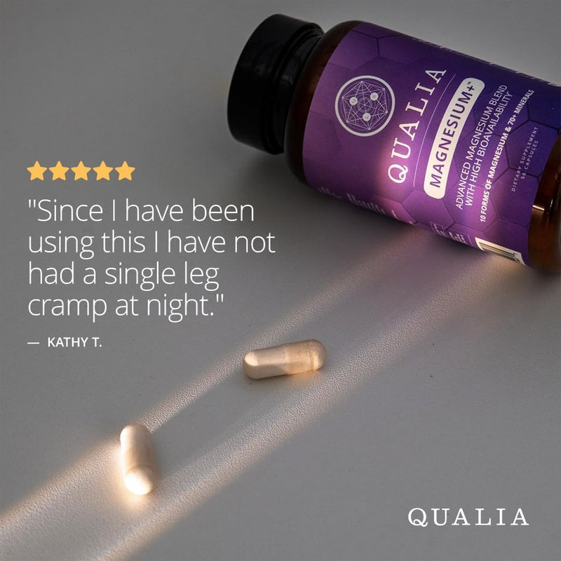 Qualia Magnesium Supplement with Glycinate, 10 Forms and 70+ Minerals | Magnesium complex for women & men with citrate & taurate, for sleep & muscle recovery; clinically studied, high absorption 56 Count (Pack of 1)