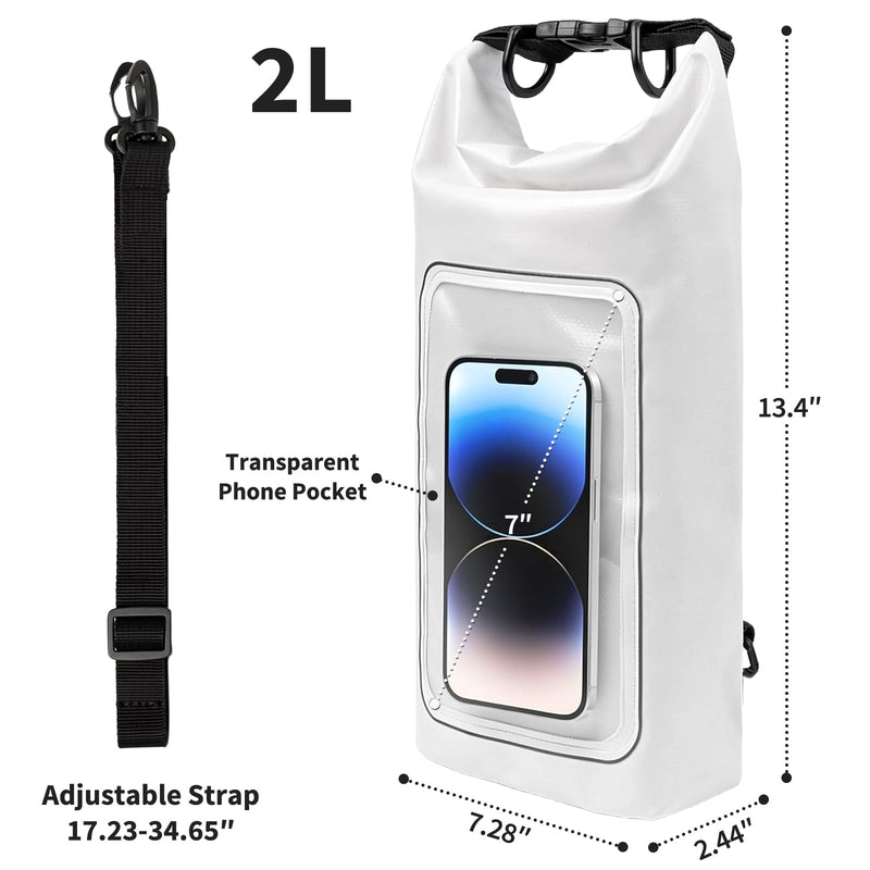 Waterproof Dry Bag 2L, IPX8 Roll Top Waterproof Belt Bag with Clear Phone Window, Phone Pouch Water Protector, Boat & Kayak Accessories, Essentials for Cruise Camp Swim Beach Fish Travel (White) White dry bag 2L - BeesActive Australia