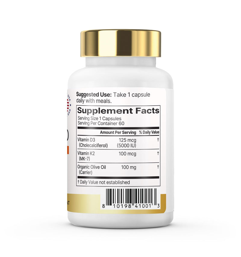 Vitamin K2 with D3 Supplement Non-GMO Formula 125 mcg Vitamin D3 & 100 mcg K2 (MK-7) Easy to Swallow D & K Complex, 60 Capsules