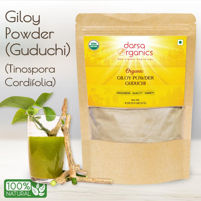 Giloy Powder 8 oz - Premium USDA Organic Guduchi Powder (Tinospora Cordifolia), Ayurvedic Herb for Immunity & Wellness, Herbal Tea & Recipes, Non-GMO, Kosher, Vegan, Resealable Pouch