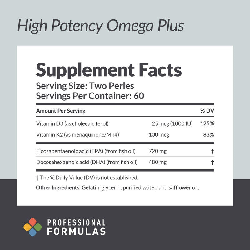 Professional Formulas Omega Plus – High-Potency EPA (720 mg) & DHA (480 mg) with Vitamins D3 + K2 – Supports Cardiovascular, Immune, Bone & Inflammatory Health – 120 Perles