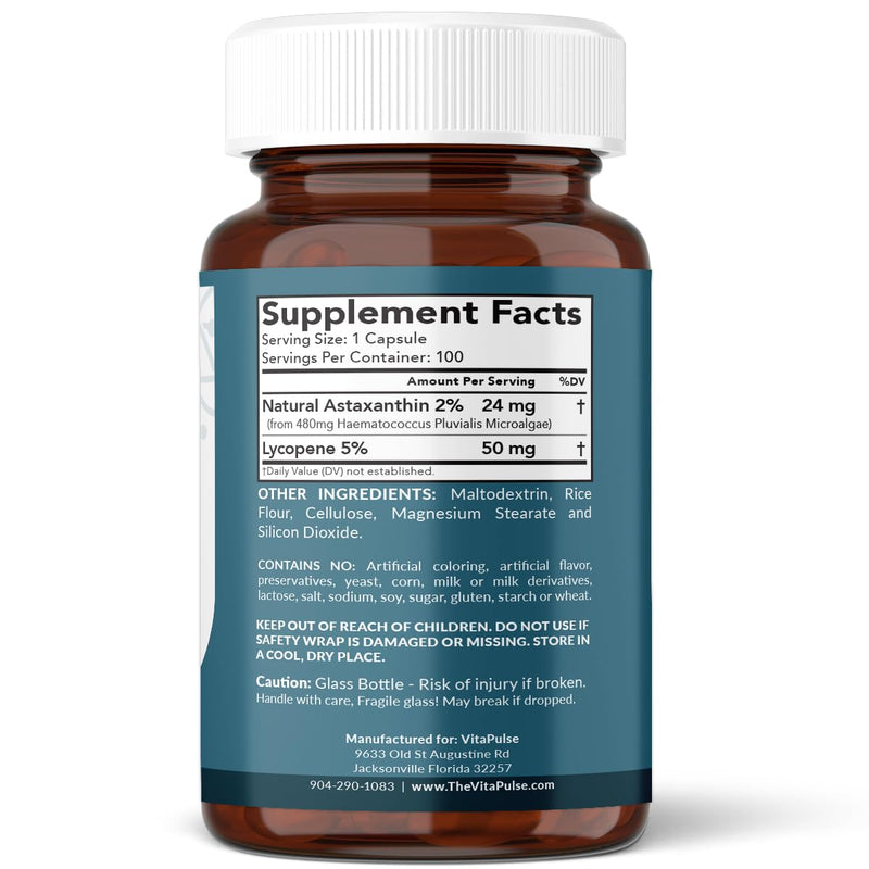 Astaxanthin 24mg with Lycopene 50mg Supplement, 100 Vegetarian Capsules, Non-GMO, Gluten Free - BeesActive Australia