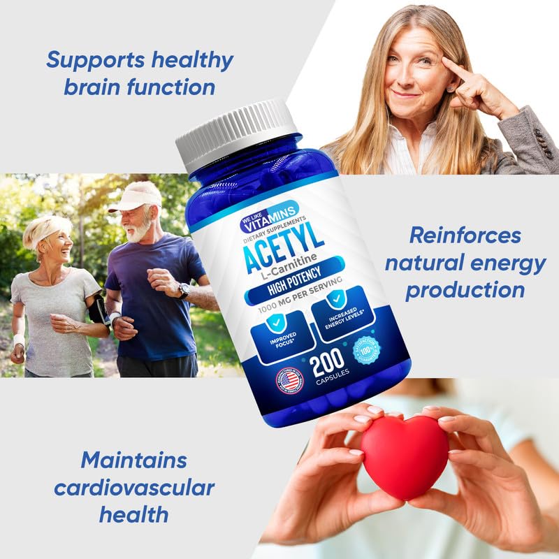We Like Vitamins Acetyl L-Carnitine 1000mg Capsules - 200 Easy to Swallow Veggie Capsules - Acetyl l Carnitine Supplement Helps Support Focus, Brain Function, and Energy 200 Count (Pack of 1)