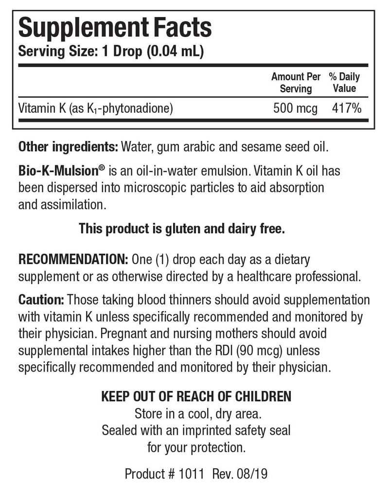 Biotics Research Bio K Mulsion Strong Bones, Heart Health, Blood Clotting Support, Liquid Vitamin K, K1 phytonadione, 1 fl oz - BeesActive Australia