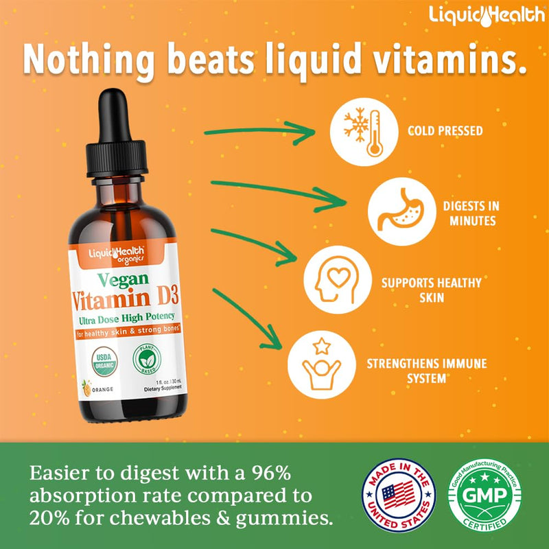 LIQUIDHEALTH Vitamin D3 4000 IU, USDA Organic Vitamin D Liquid Drops for Adults & Kids, Vegan Vitamin D for Immune System Support, Bone Health, Mood Support, Healthy Skin - Made in USA (3 Pack) 1 Fl Oz (Pack of 3)