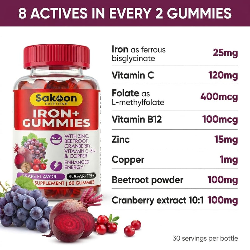 Sakoon Nutrition Iron Gummies for Women & Men | 60 Count Sugar Free Grape Flavour Vegan Iron Gummies with Vitamin C, B12 & Zinc | Support for Bones Strength, Energy & Blood Health | 2Count Per Serving