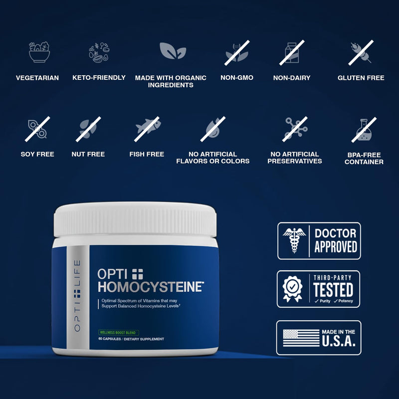 Opti + Homocysteine Capsules | Daily Brain and Heart Health Supplements* | Brain Supplement with Methylcobalamin & Methylfolate | 60 capsules/30 Servings