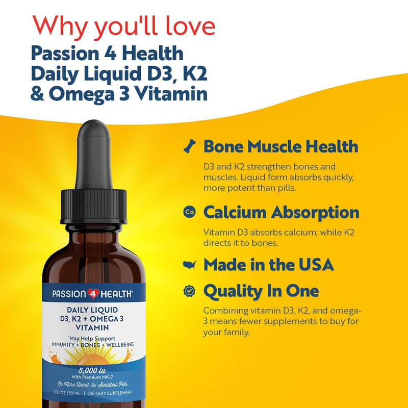 Passion 4 Health Organic Liquid Vitamin D3 K2 (Mk-7) + Omega 3 Supplement - Liquid Vitamin D Drops (5000IU) - Support for Healthy Bones and Muscles 1 Fl Oz (Pack of 1)