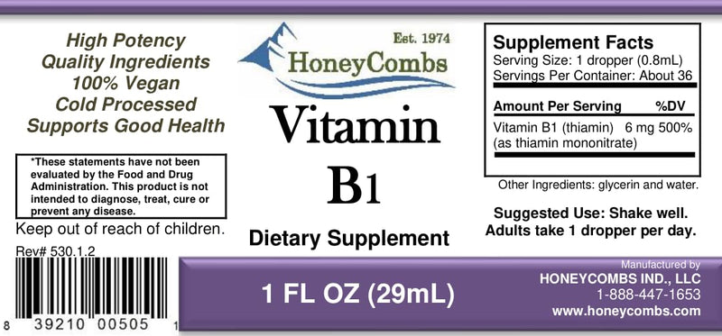 HoneyCombs Vitamin B1 Thiamine Mononitrate Supplement Drops, 1 Fl Oz | liquid Vitamin B1 drops for natural energy support. 500%DV Vegan, alcohol-free, non-GMO Thiamine made in the USA. 1 Ounce (Pack of 1)
