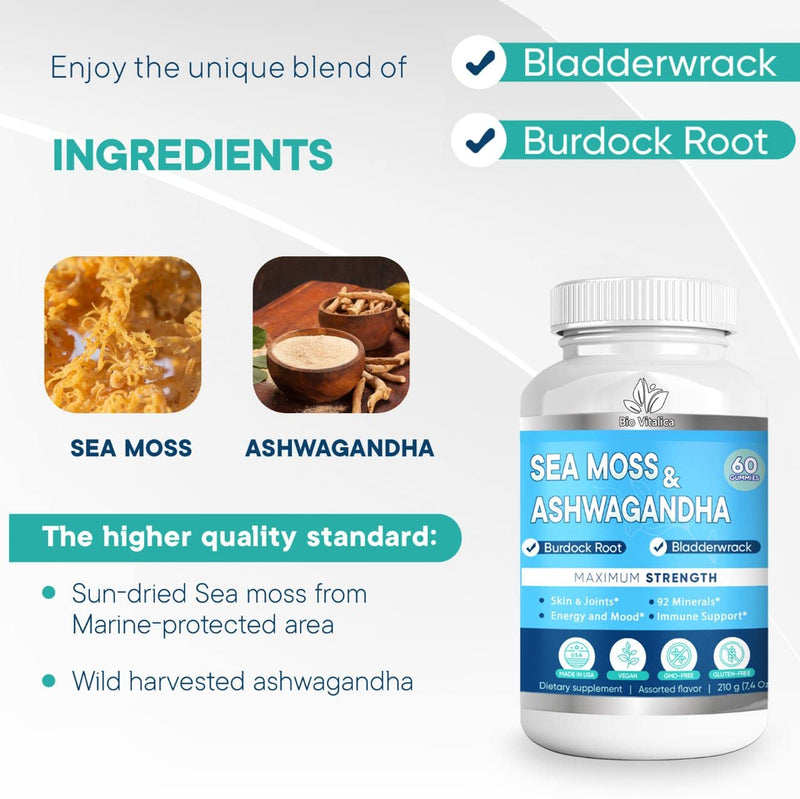 Sea Moss Ashwagandha Gummies - Organic Irish Sea Moss Blended with Burdock Root & Bladderwrack - Natural Energy & Calm Support for Adults - 2 Packs Sea Moss Ashwagandha 60 Count (Pack of 2)