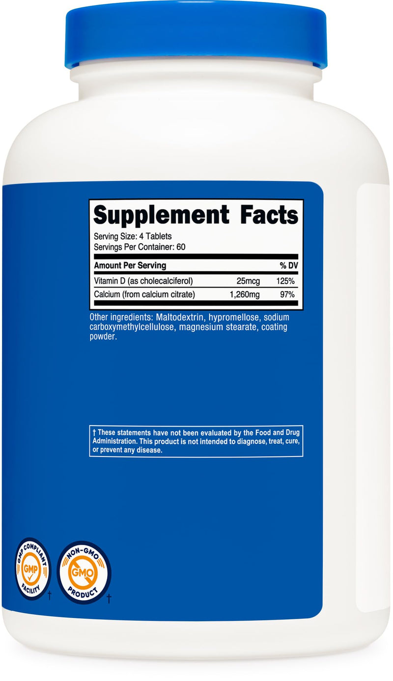Nutricost Calcium Citrate (1,260mg) with Vitamin D (25mcg) 240 Tablets | GMO-Free, Gluten-Free, 60 Servings