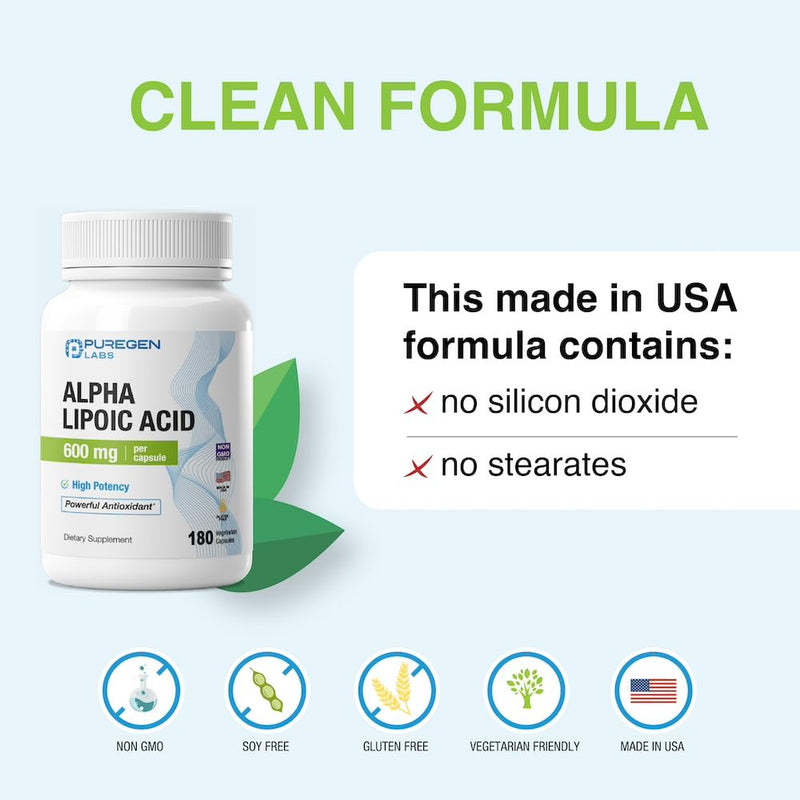 Puregen Labs Alpha Lipoic Acid 600mg [High Potency] 180 Servings - Antioxidant Support | No Harmful Additives | Non-GMO, NO Gluten and Dairy, 600 mg per Veggie Capsule - Made in USA 1 - BeesActive Australia